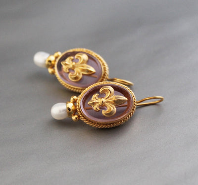 Intaglio Glass Earrings, Victorian Style with Pearls, Gold Plated, photo 5