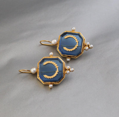 Blue Laurel Intaglio Earrings, Victorian Style, Gold Plated, photo 8