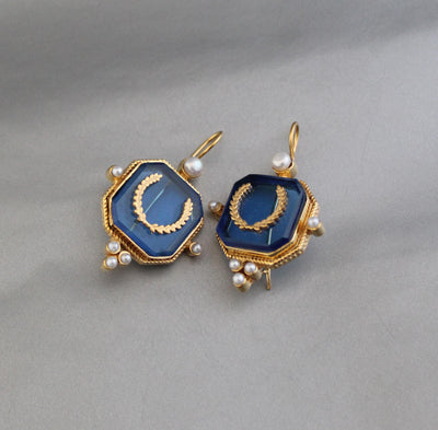 Blue Laurel Intaglio Earrings, Victorian Style, Gold Plated, photo 5