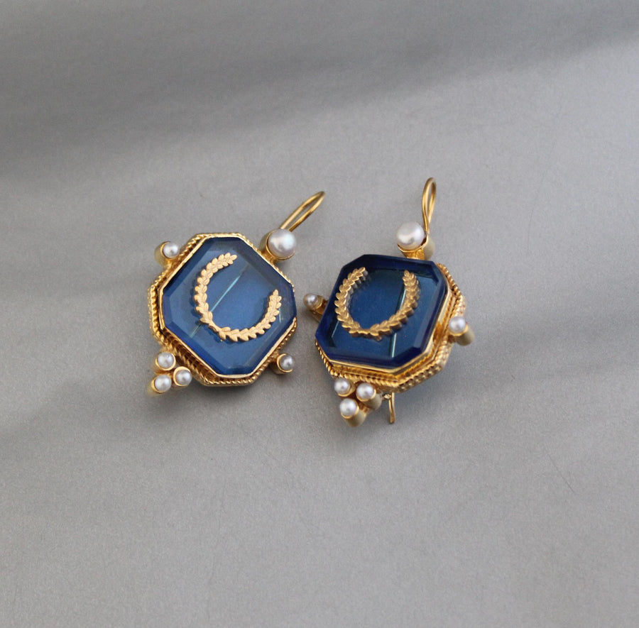Blue Laurel Intaglio Earrings, Victorian Style, Gold Plated, photo 5