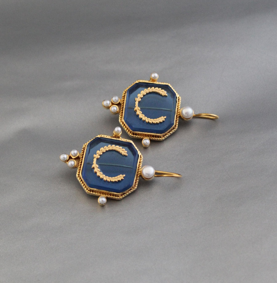 Blue Laurel Intaglio Earrings, Victorian Style, Gold Plated, photo 6