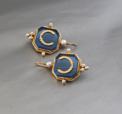Blue Laurel Intaglio Earrings, Victorian Style, Gold Plated, photo 7