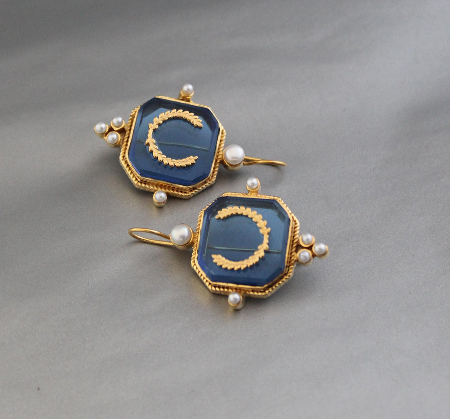 Blue Laurel Intaglio Earrings, Victorian Style, Gold Plated, photo 7