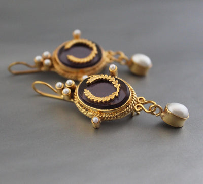 Purple Crystal Laurel Intaglio Earrings, Victorian Bridal, Gold Plated