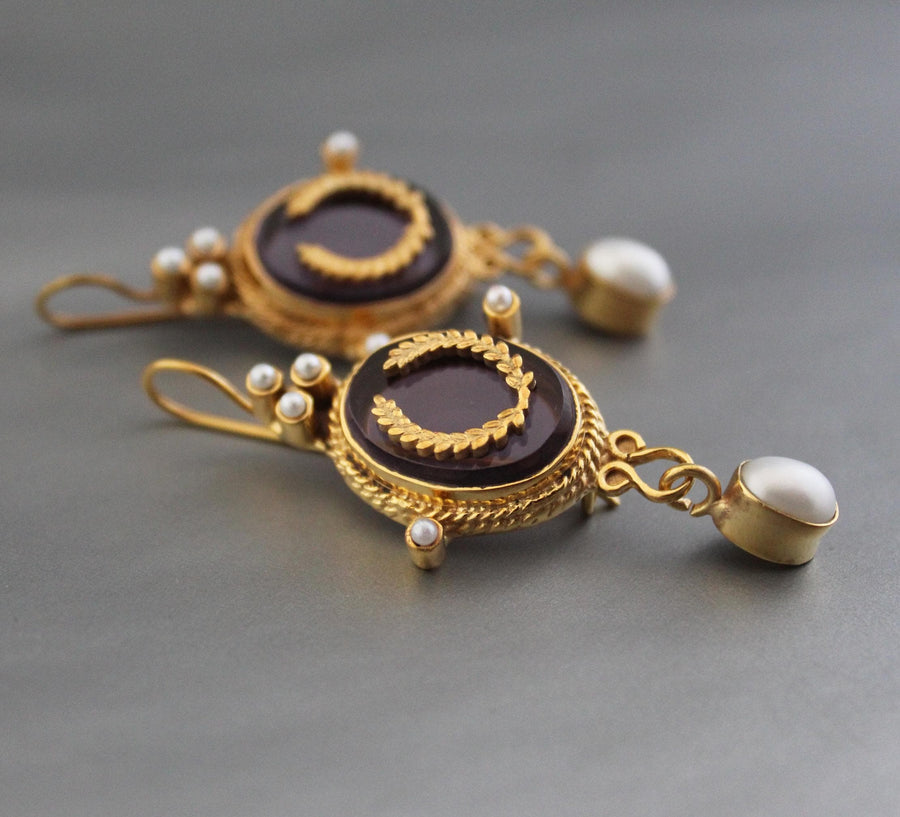 Purple Crystal Laurel Intaglio Earrings, Victorian Bridal, Gold Plated