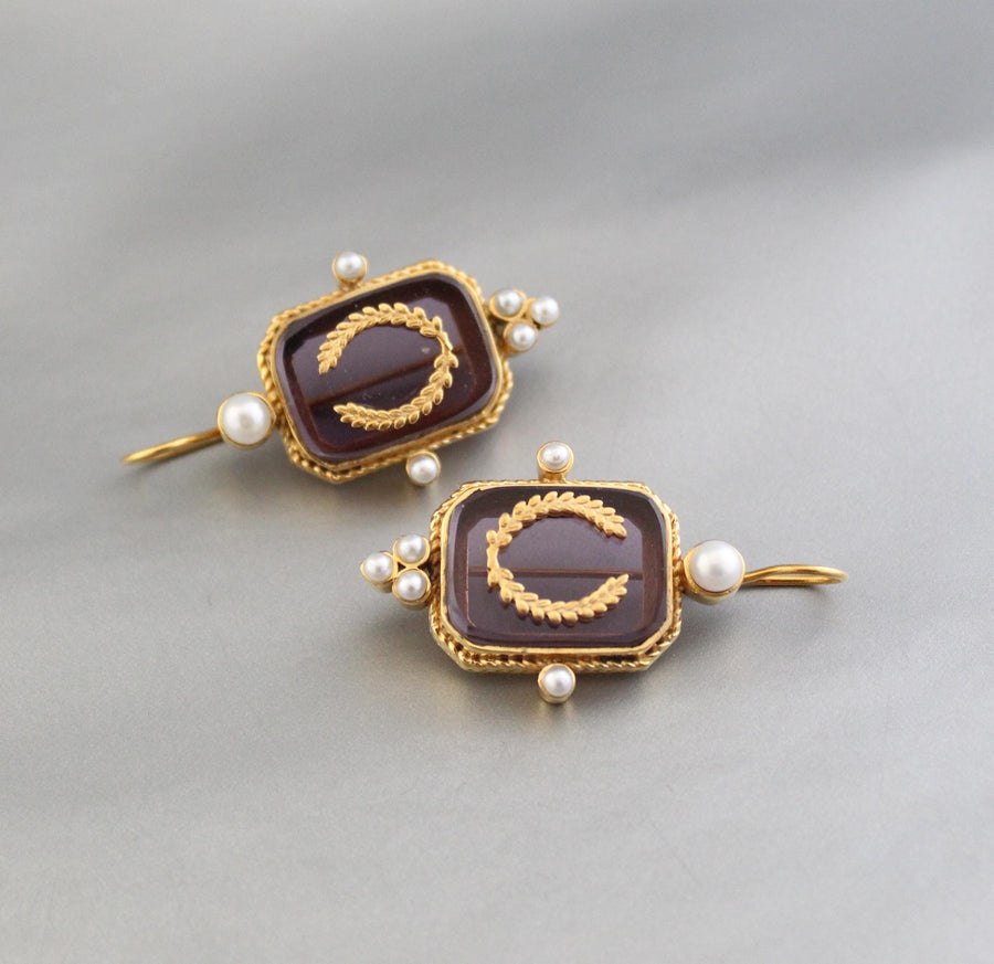 Purple Laurel Intaglio Earrings, Victorian Pearl Accents, Gold Plated, photo 10