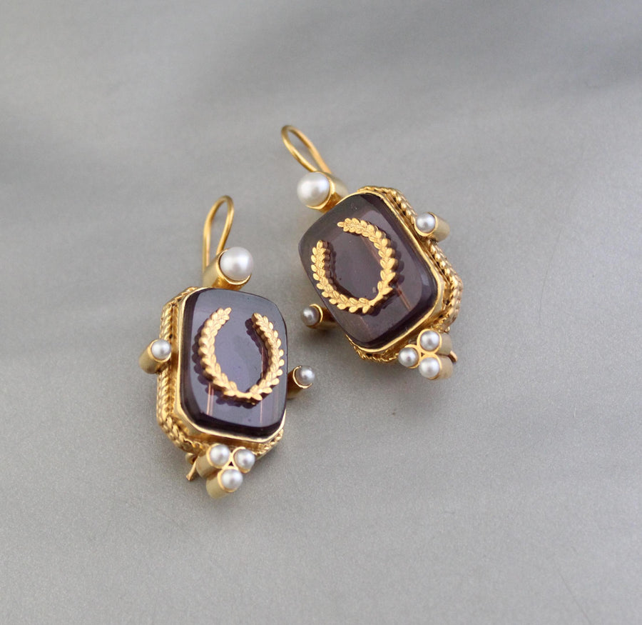Purple Laurel Intaglio Earrings, Victorian Pearl Accents, Gold Plated, photo 2