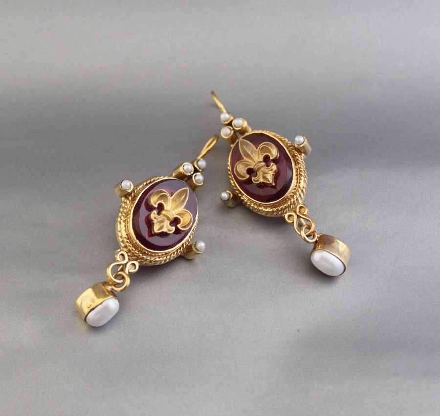 Red Fleur-de-lis Intaglio Earrings, Antique Victorian Bridal Gold
