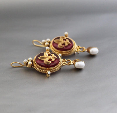 Red Fleur-de-lis Intaglio Earrings, Antique Victorian Bridal Gold, photo 7