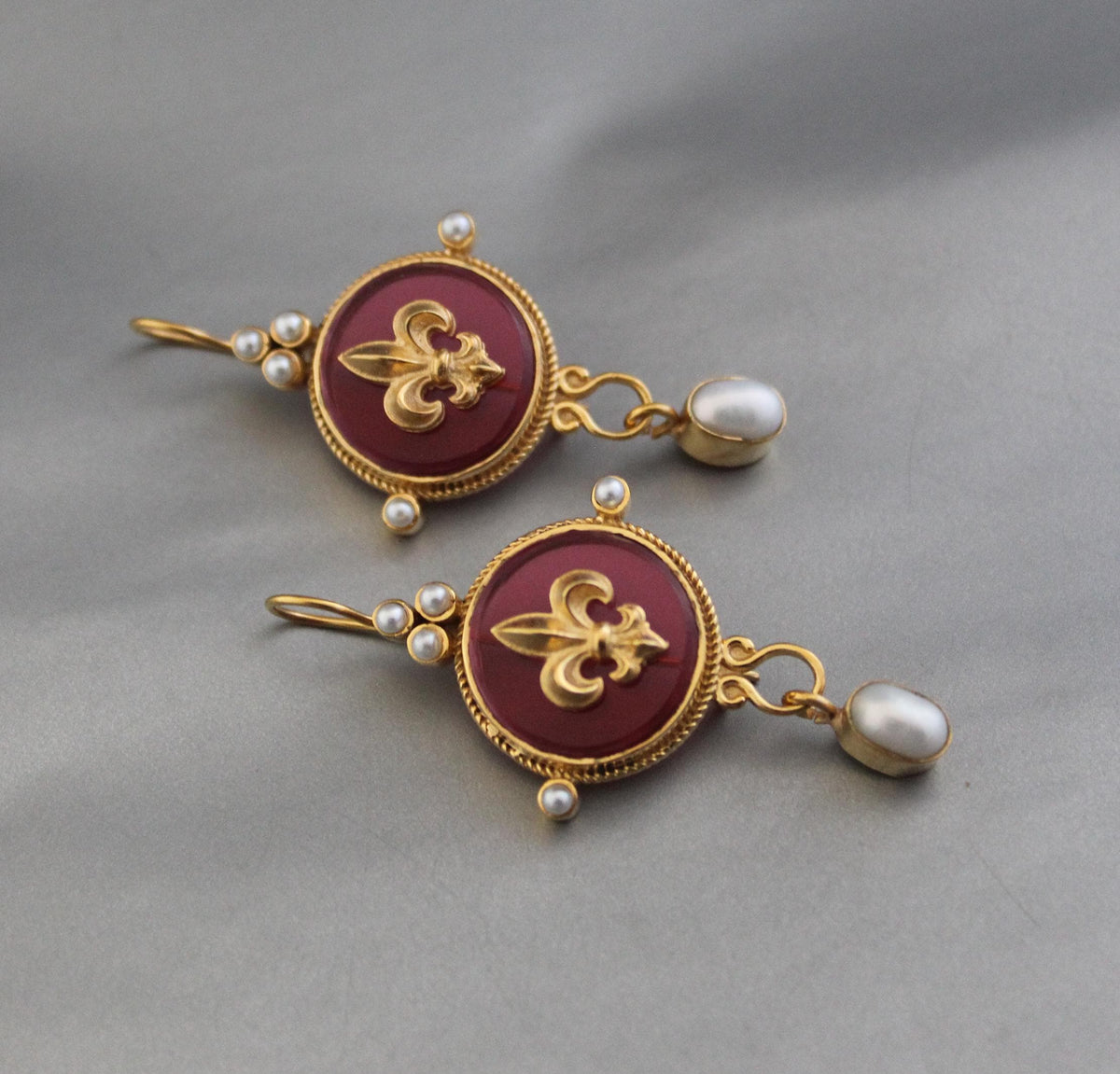 Red Fleur-de-lis Intaglio Earrings, Victorian Dangles, Gold Plated