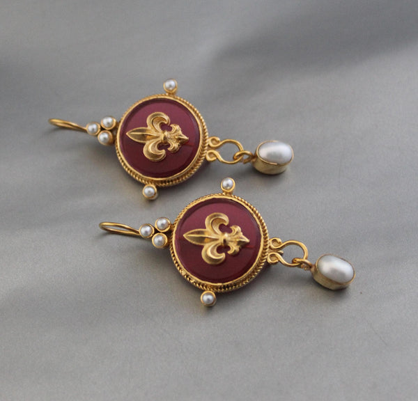 Red Fleur-de-lis Intaglio Earrings, Victorian Dangles, Gold Plated