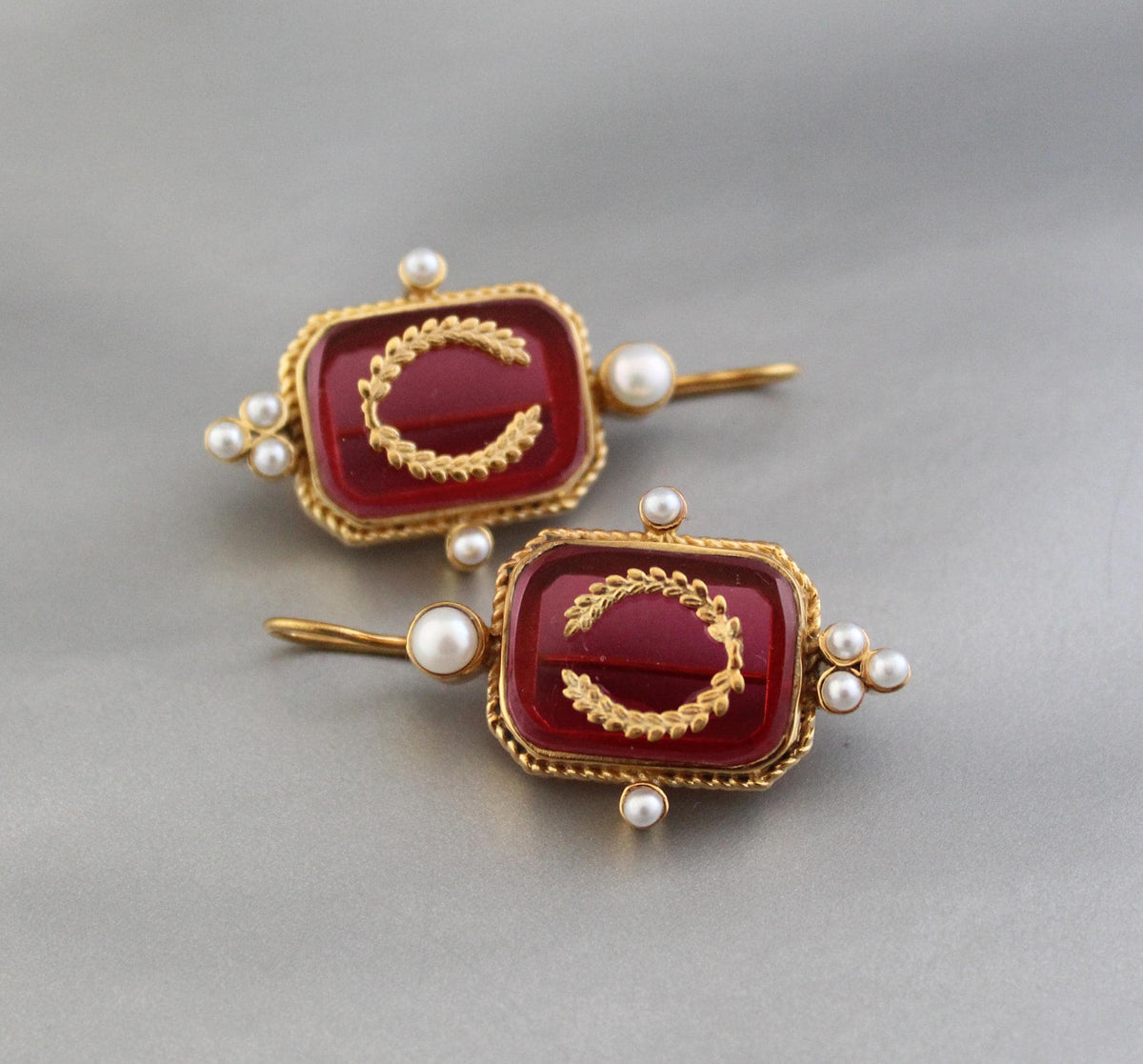 Red Laurel Intaglio Earrings, Victorian Style, Gold Plated, photo 2