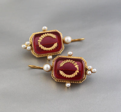 Red Laurel Intaglio Earrings, Victorian Style, Gold Plated, photo 2