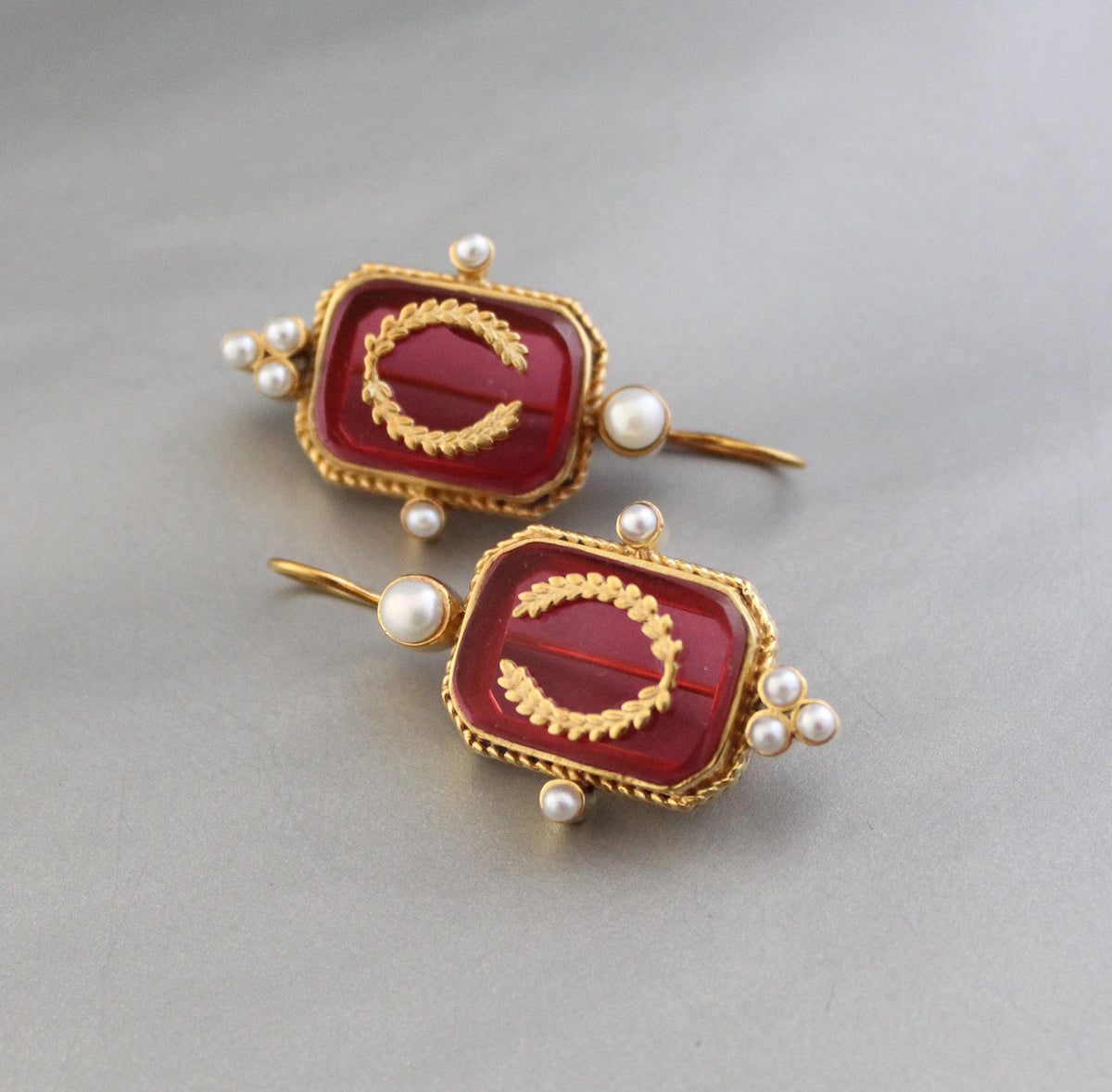 Red Laurel Intaglio Earrings, Victorian Style, Gold Plated, photo 7