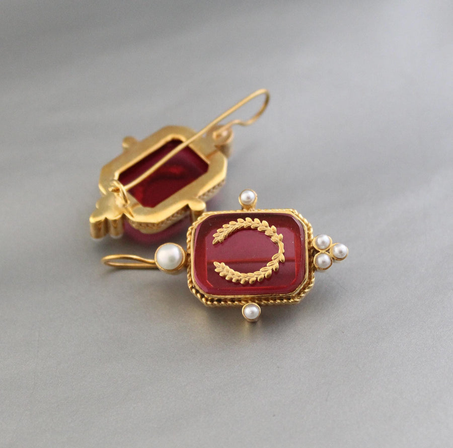 Red Laurel Intaglio Earrings, Victorian Style, Gold Plated, photo 5