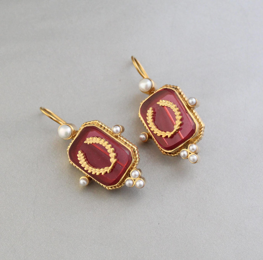 Red Laurel Intaglio Earrings, Victorian Style, Gold Plated, photo 9