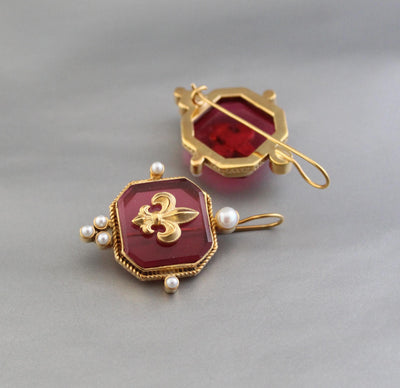 Red Intaglio Glass Earrings, Victorian Dangles with Pearls, Gold Plated, photo 2