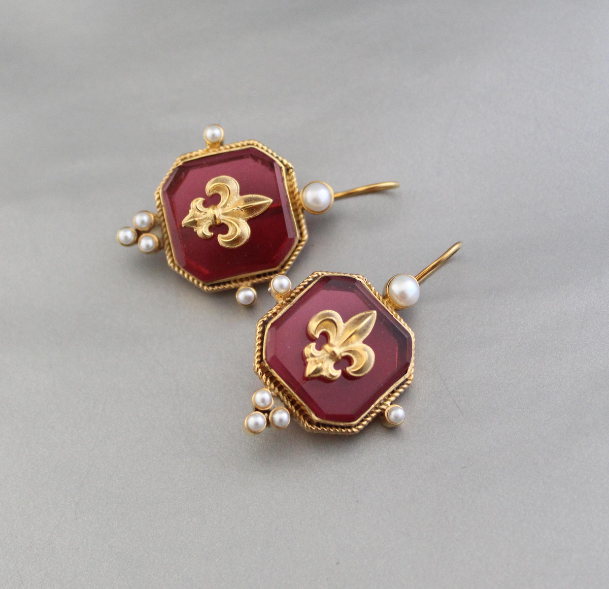 Red Intaglio Glass Earrings, Victorian Dangles with Pearls, Gold Plated, photo 8
