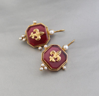 Red Intaglio Glass Earrings, Victorian Dangles with Pearls, Gold Plated, photo 8