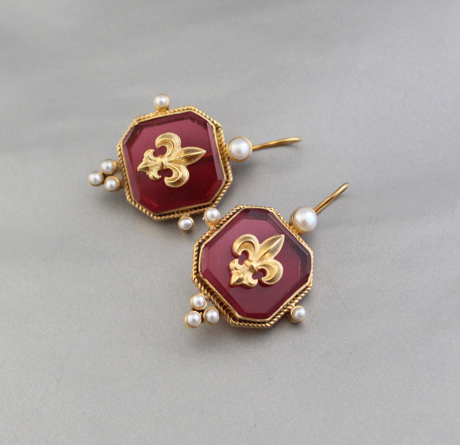 Red Intaglio Glass Earrings, Victorian Dangles with Pearls, Gold Plated, photo 8