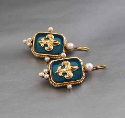 Turquoise Blue Fleur-de-lis Intaglio Earrings, Victorian Style, Gold Vermeil