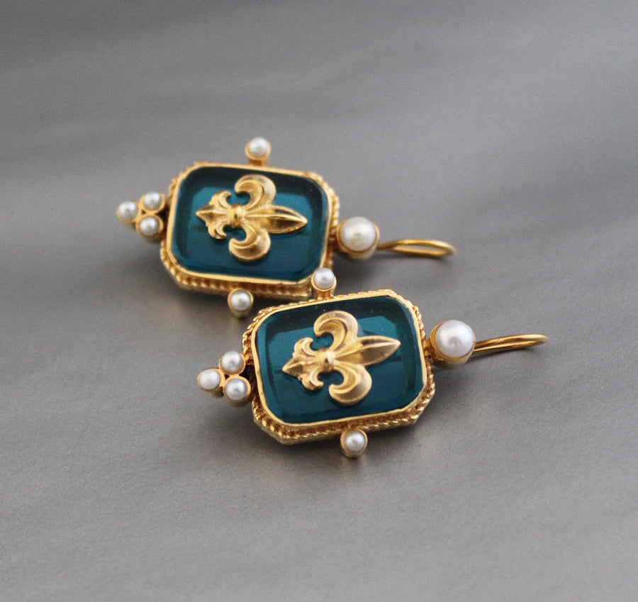 Turquoise Blue Fleur-de-lis Intaglio Earrings, Victorian Style, Gold Vermeil