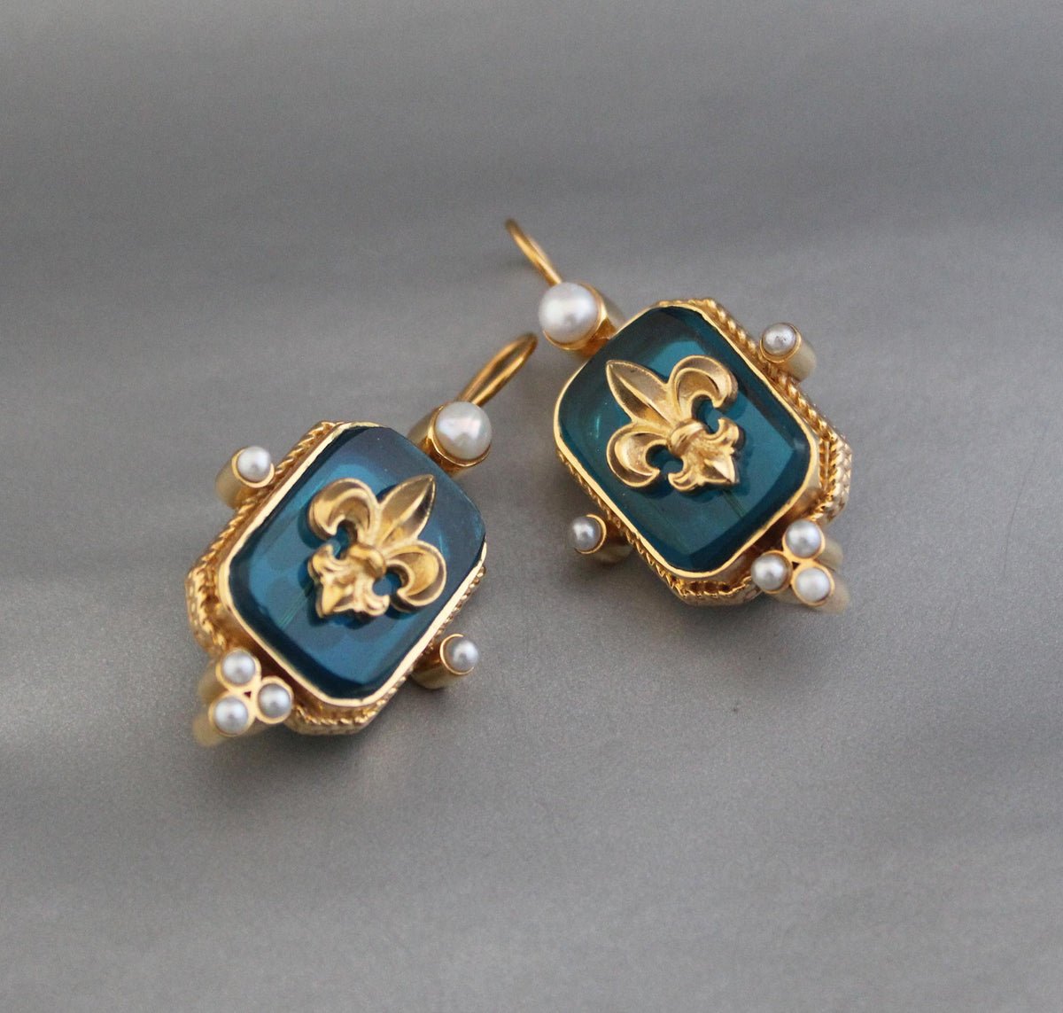 Turquoise Blue Fleur-de-lis Intaglio Earrings, Victorian Style, Gold Vermeil, photo 6