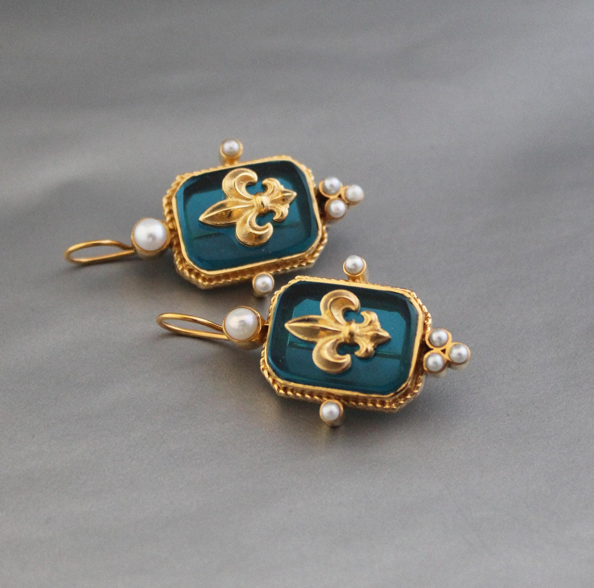Turquoise Blue Fleur-de-lis Intaglio Earrings, Victorian Style, Gold Vermeil, photo 8