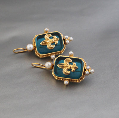 Turquoise Blue Fleur-de-lis Intaglio Earrings, Victorian Style, Gold Vermeil, photo 8
