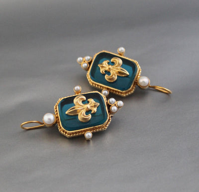 Turquoise Blue Fleur-de-lis Intaglio Earrings, Victorian Style, Gold Vermeil, photo 9