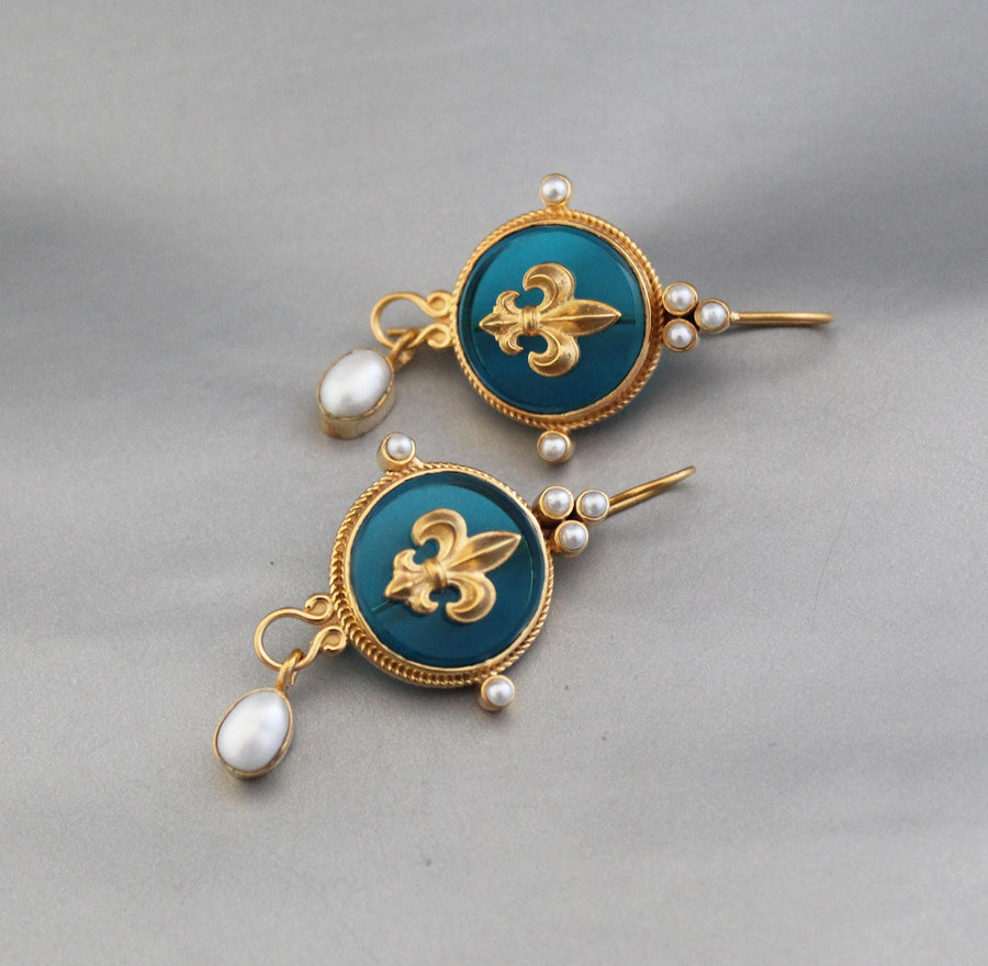 Turquoise Blue Intaglio Earrings, Victorian Dangles, Gold Plated, photo 4