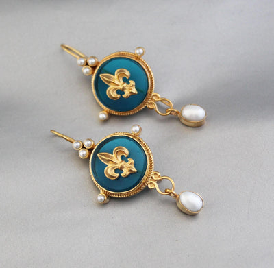 Turquoise Blue Intaglio Earrings, Victorian Dangles, Gold Plated, photo 7