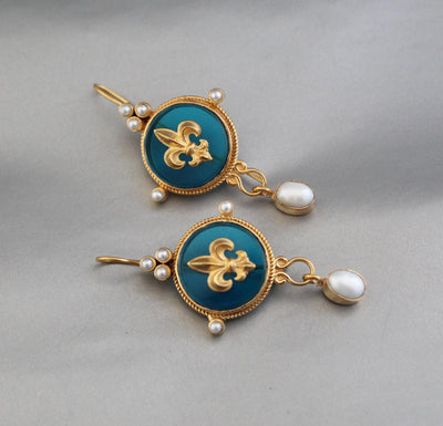 Turquoise Blue Intaglio Earrings, Victorian Dangles, Gold Plated, photo 8