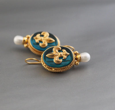 Turquoise Fleur-de-lis Intaglio Earrings, Victorian Pearl Drops, Gold Plated, photo 7