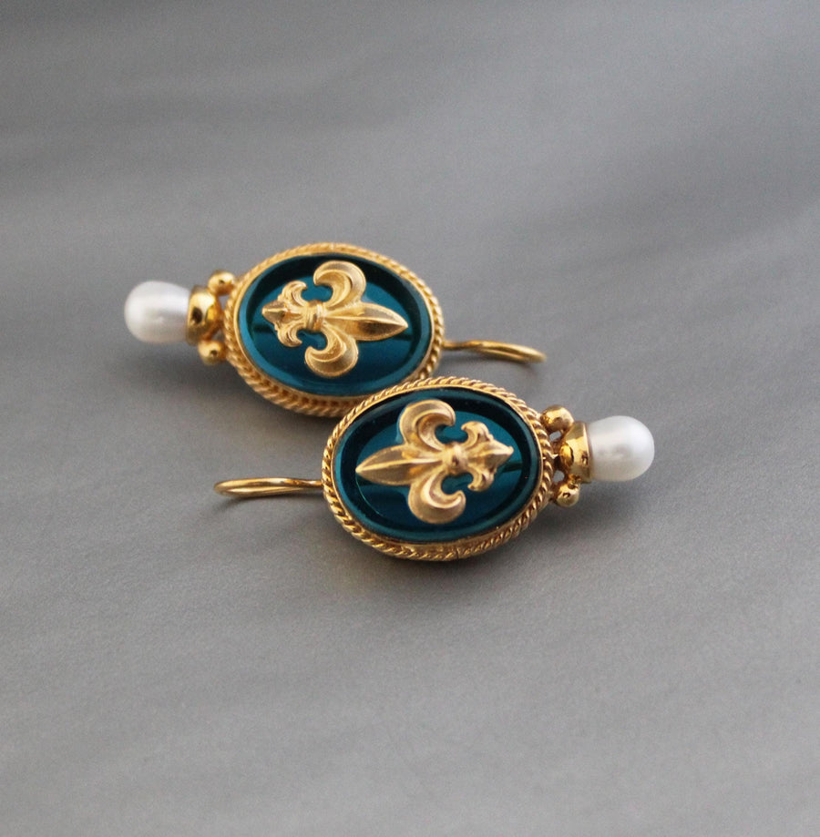 Turquoise Fleur-de-lis Intaglio Earrings, Victorian Pearl Drops, Gold Plated, photo 6