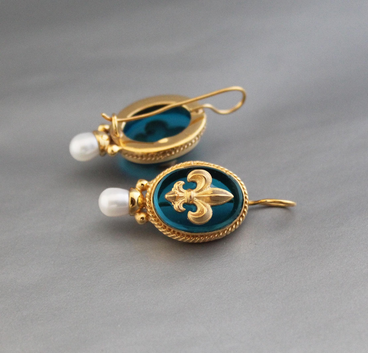 Turquoise Fleur-de-lis Intaglio Earrings, Victorian Pearl Drops, Gold Plated, photo 10