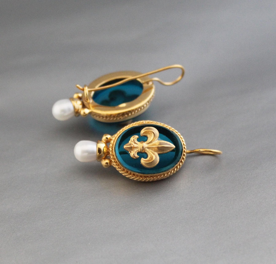 Turquoise Fleur-de-lis Intaglio Earrings, Victorian Pearl Drops, Gold Plated, photo 10