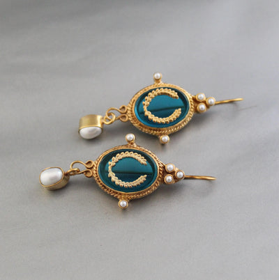Laurel Wreath Intaglio Earrings, Victorian Pearl Dangles, Gold Plated, photo 4