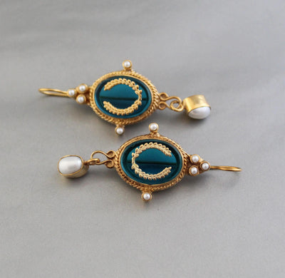 Laurel Wreath Intaglio Earrings, Victorian Pearl Dangles, Gold Plated, photo 5