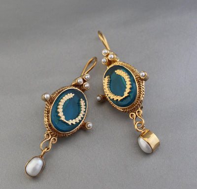 Laurel Wreath Intaglio Earrings, Victorian Pearl Dangles, Gold Plated