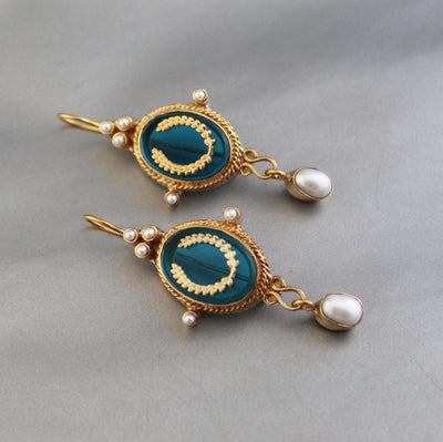 Laurel Wreath Intaglio Earrings, Victorian Pearl Dangles, Gold Plated, photo 8