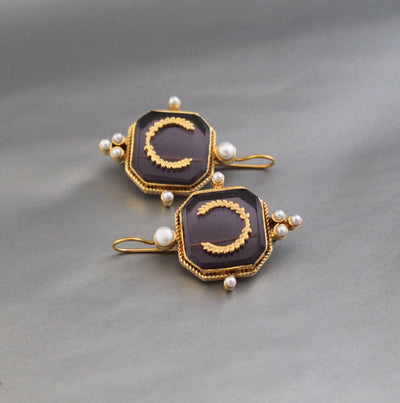 Laurel Intaglio Glass Earrings, Victorian Art Deco Style, Gold Plated, photo 2