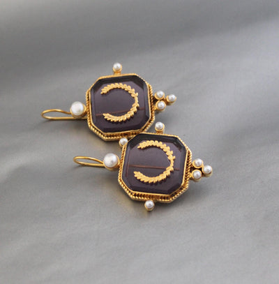 Laurel Intaglio Glass Earrings, Victorian Art Deco Style, Gold Plated, photo 7