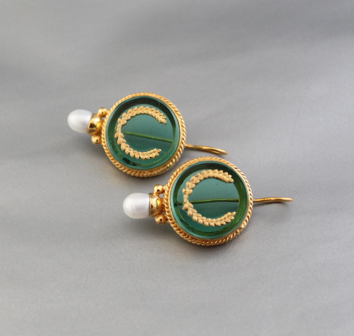Green Intaglio Pearl Earrings, Art Deco Bridal, 18K Gold Vermeil, photo 6