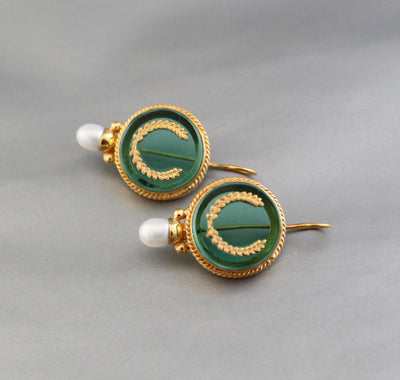 Green Intaglio Pearl Earrings, Art Deco Bridal, 18K Gold Vermeil, photo 6