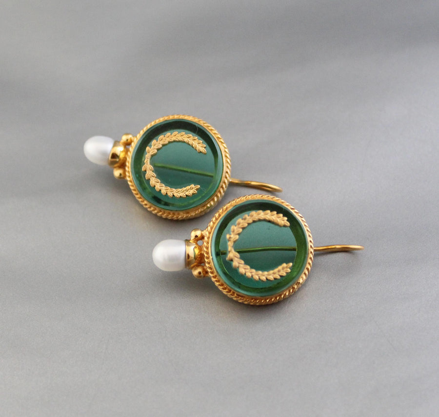 Green Intaglio Pearl Earrings, Art Deco Bridal, 18K Gold Vermeil, photo 6