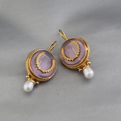 Pink Laurel Intaglio Earrings, 1920s Art Deco Style, photo 2