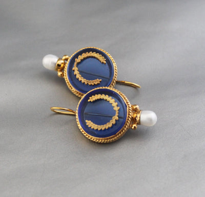 Blue Intaglio Glass Earrings, 1920s Art Deco Pearl Drops, Brass, photo 6