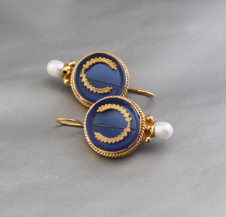 Blue Intaglio Glass Earrings, 1920s Art Deco Pearl Drops, Brass, photo 6