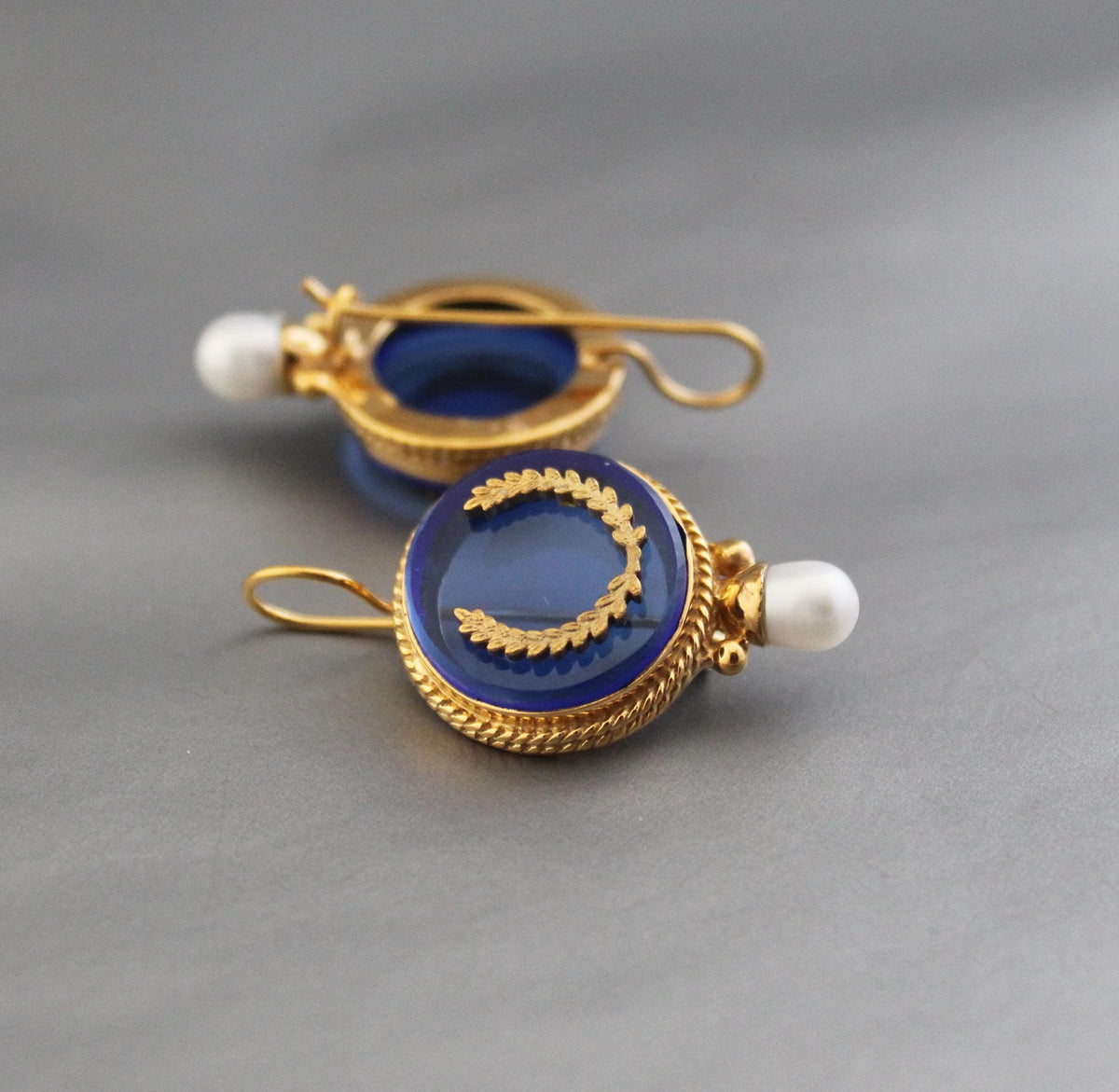 Blue Intaglio Glass Earrings, 1920s Art Deco Pearl Drops, Brass, photo 2